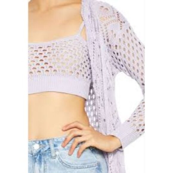 Lavender Open-Knit Hooded Long Cardigan & Crop Top Set - Picture 1 of 9